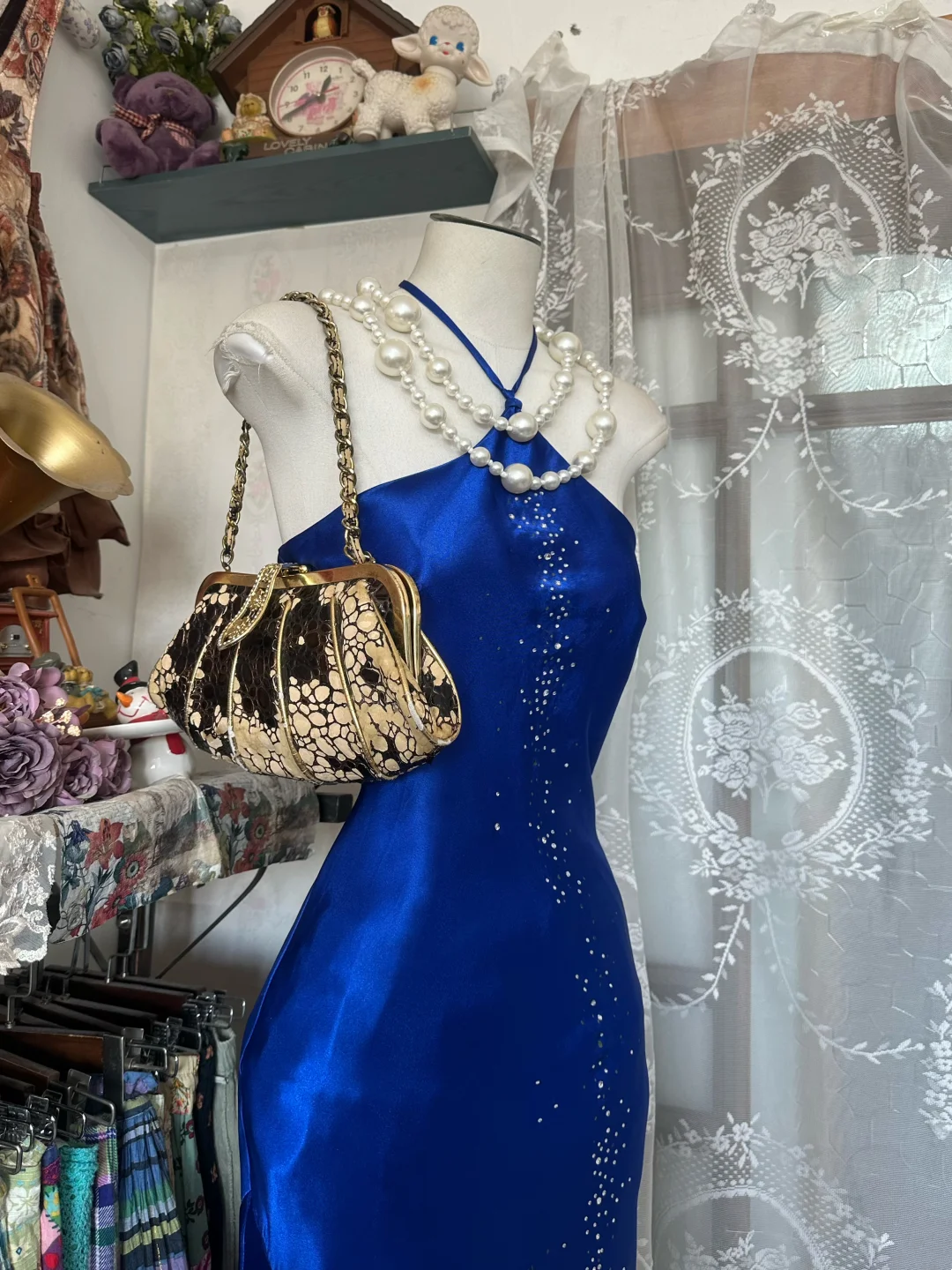 Royal Blue Satin Mermaid Prom Dress Halter Evening Dress  P335