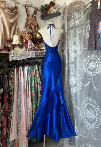 Royal Blue Satin Mermaid Prom Dress Halter Evening Dress  P335