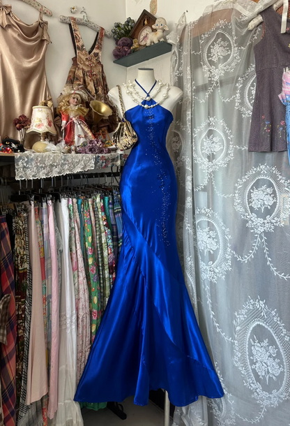Royal Blue Satin Mermaid Prom Dress Halter Evening Dress  P335