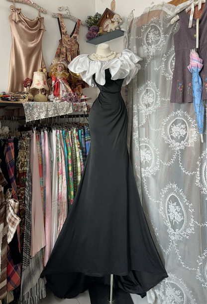 Ruffled Off The Shoulder Black Mermaid Prom Dress Evening Dress  P338