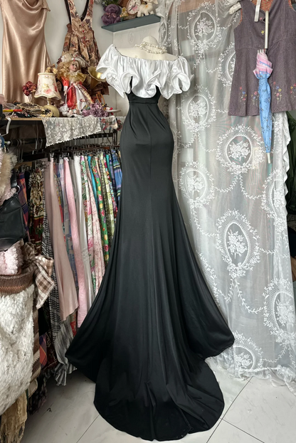 Ruffled Off The Shoulder Black Mermaid Prom Dress Evening Dress  P338