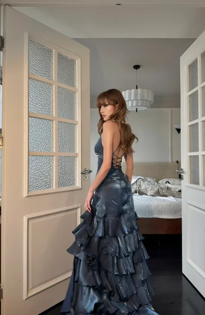 Navy Blue Layered Long Prom Dresses With Slit Formal Evening Dresses  P339