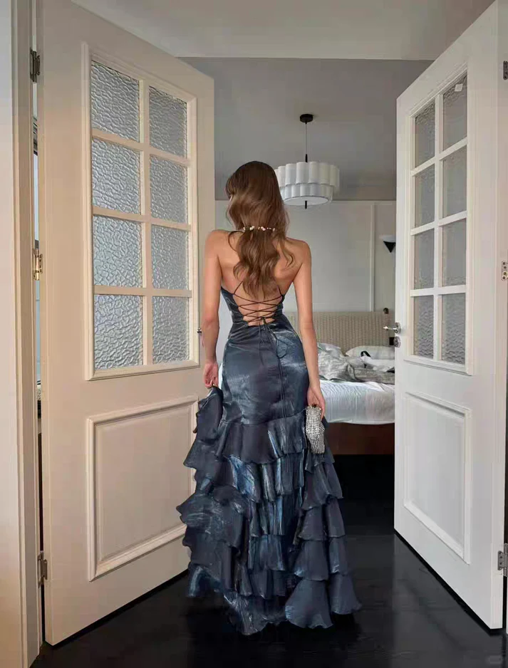 Navy Blue Layered Long Prom Dresses With Slit Formal Evening Dresses  P339