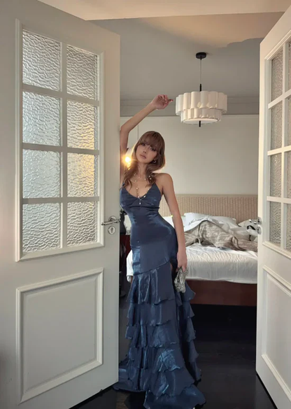 Navy Blue Layered Long Prom Dresses With Slit Formal Evening Dresses  P339