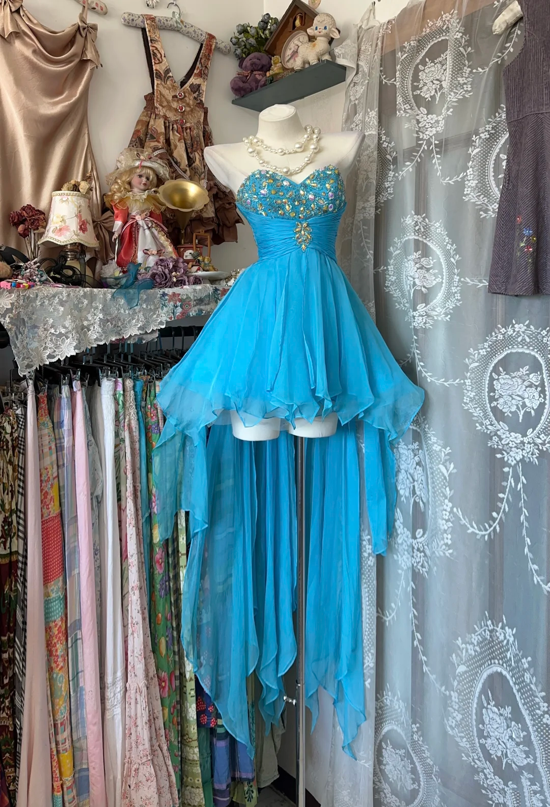 Sweetheart A Line Blue Chiffon Prom Dress Beaded High Low Party Dress  P340