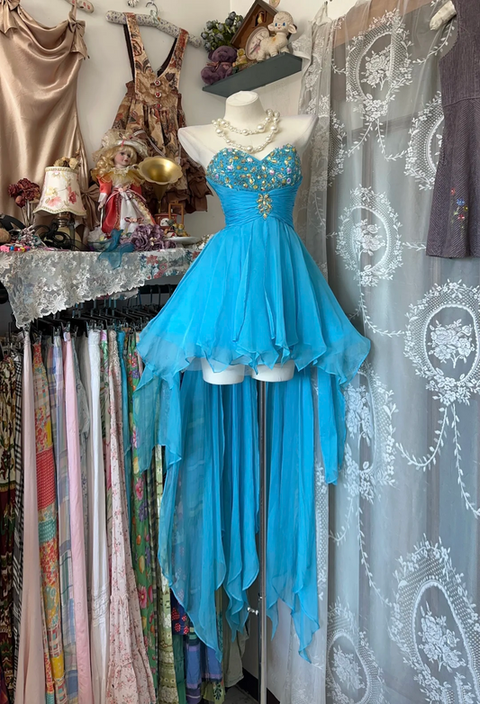 Sweetheart A Line Blue Chiffon Prom Dress Beaded High Low Party Dress  P340
