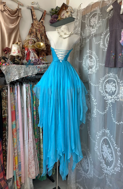 Sweetheart A Line Blue Chiffon Prom Dress Beaded High Low Party Dress  P340