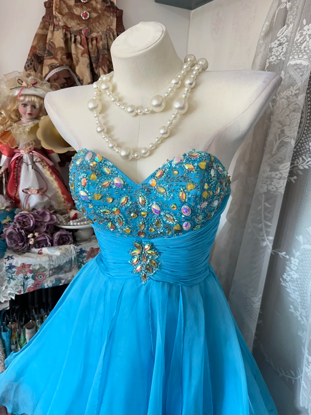 Sweetheart A Line Blue Chiffon Prom Dress Beaded High Low Party Dress  P340