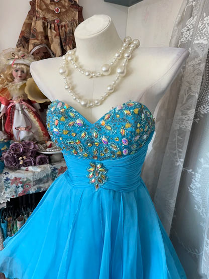 Sweetheart A Line Blue Chiffon Prom Dress Beaded High Low Party Dress  P340