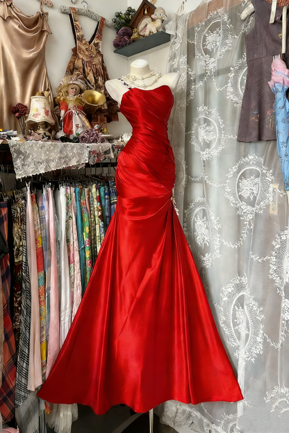 One Shoulder Fuchsia Satin Prom Dress Mermaid Evening Dress  P341
