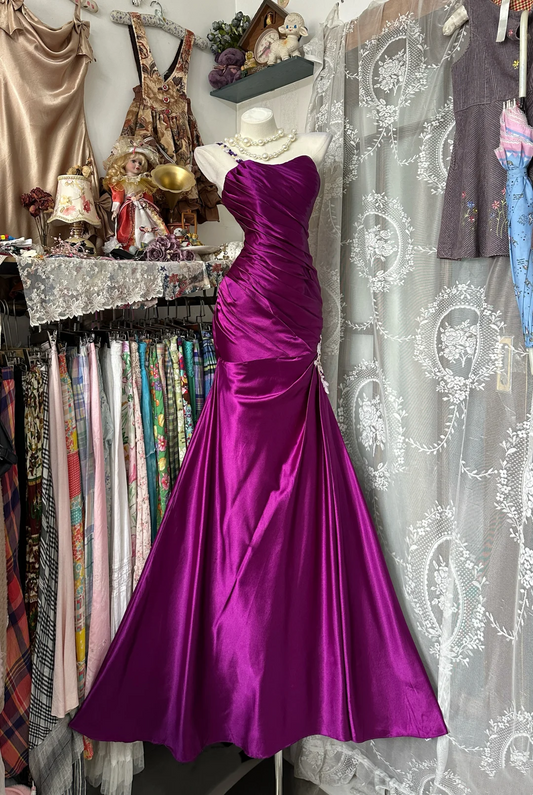 One Shoulder Fuchsia Satin Prom Dress Mermaid Evening Dress  P341
