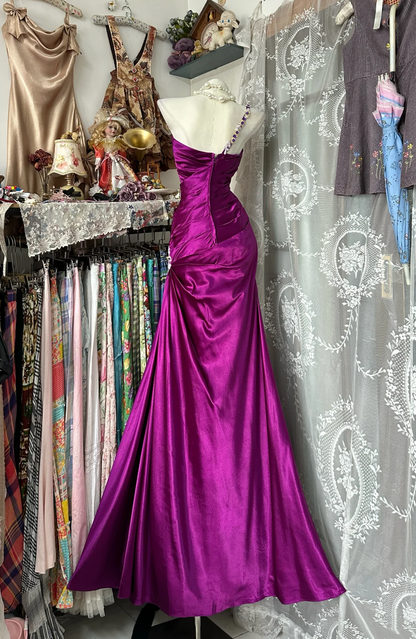 One Shoulder Fuchsia Satin Prom Dress Mermaid Evening Dress  P341