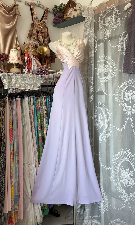 V Neck Lilac Prom Dress A Line Chiffon Vintage Dress  P343