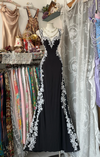 Black Mermaid Prom Dress With White Appliques Elegant Formal Dress  P344