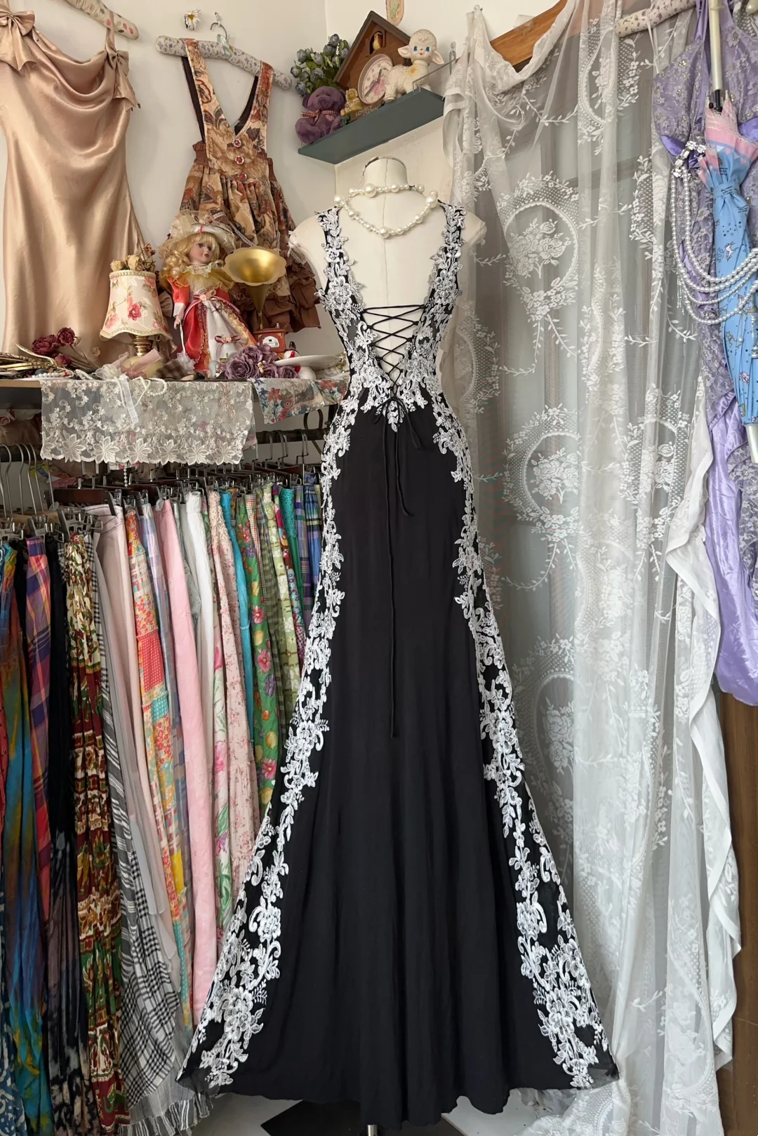 Black Mermaid Prom Dress With White Appliques Elegant Formal Dress  P344