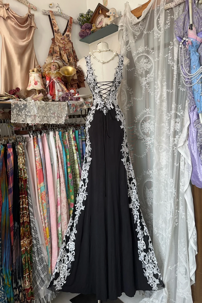 Black Mermaid Prom Dress With White Appliques Elegant Formal Dress  P344
