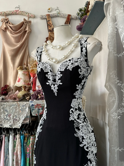 Black Mermaid Prom Dress With White Appliques Elegant Formal Dress  P344