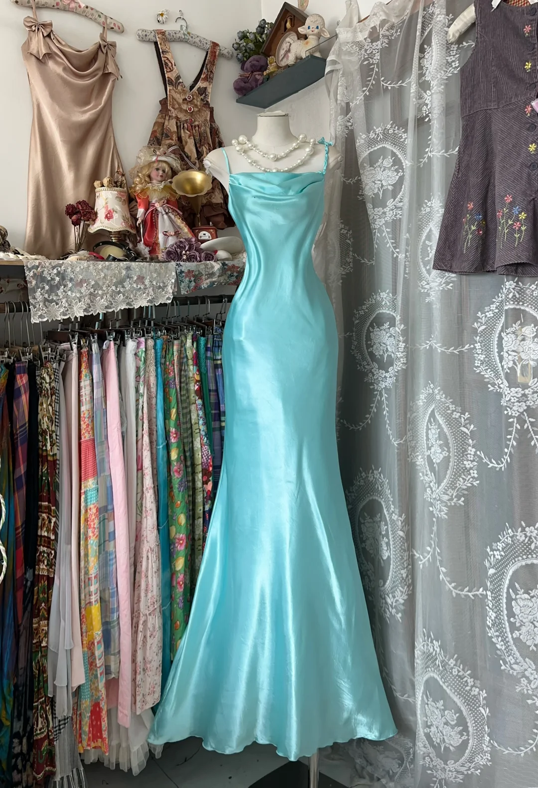 Blue Mermaid Satin Prom Dress Ruffled Back Formal Wedding Guest Dress  P345