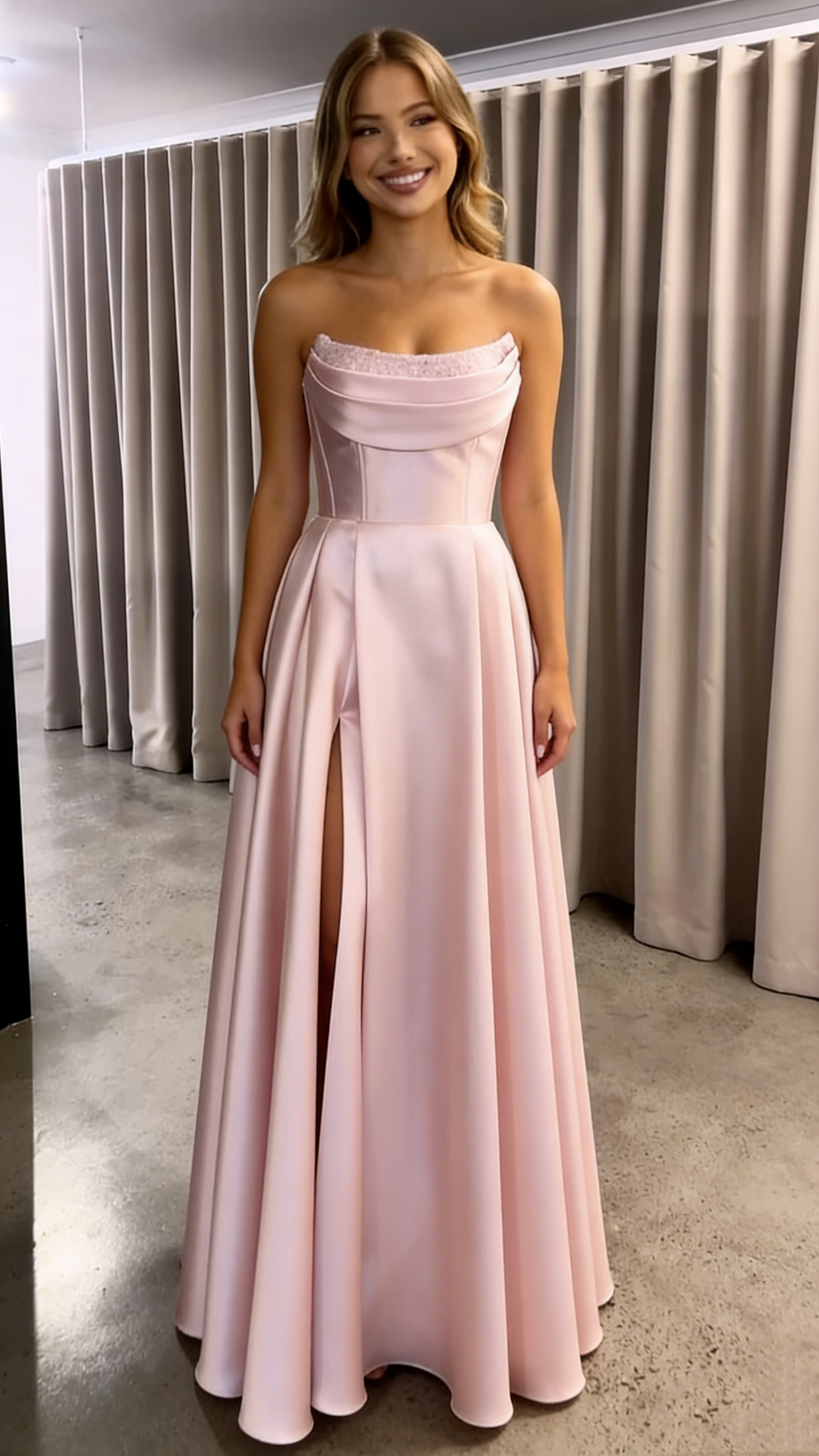 A Line Pink Satin Formal Dress Long Prom Dress With Slit  P346