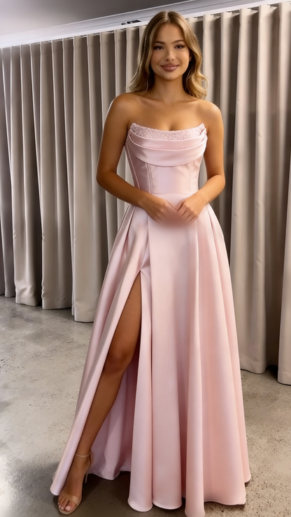 A Line Pink Satin Formal Dress Long Prom Dress With Slit  P346