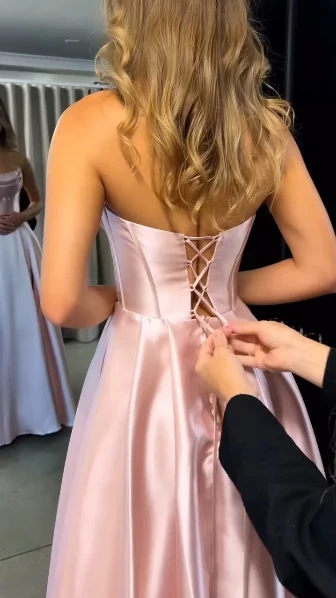 A Line Pink Satin Formal Dress Long Prom Dress With Slit  P346
