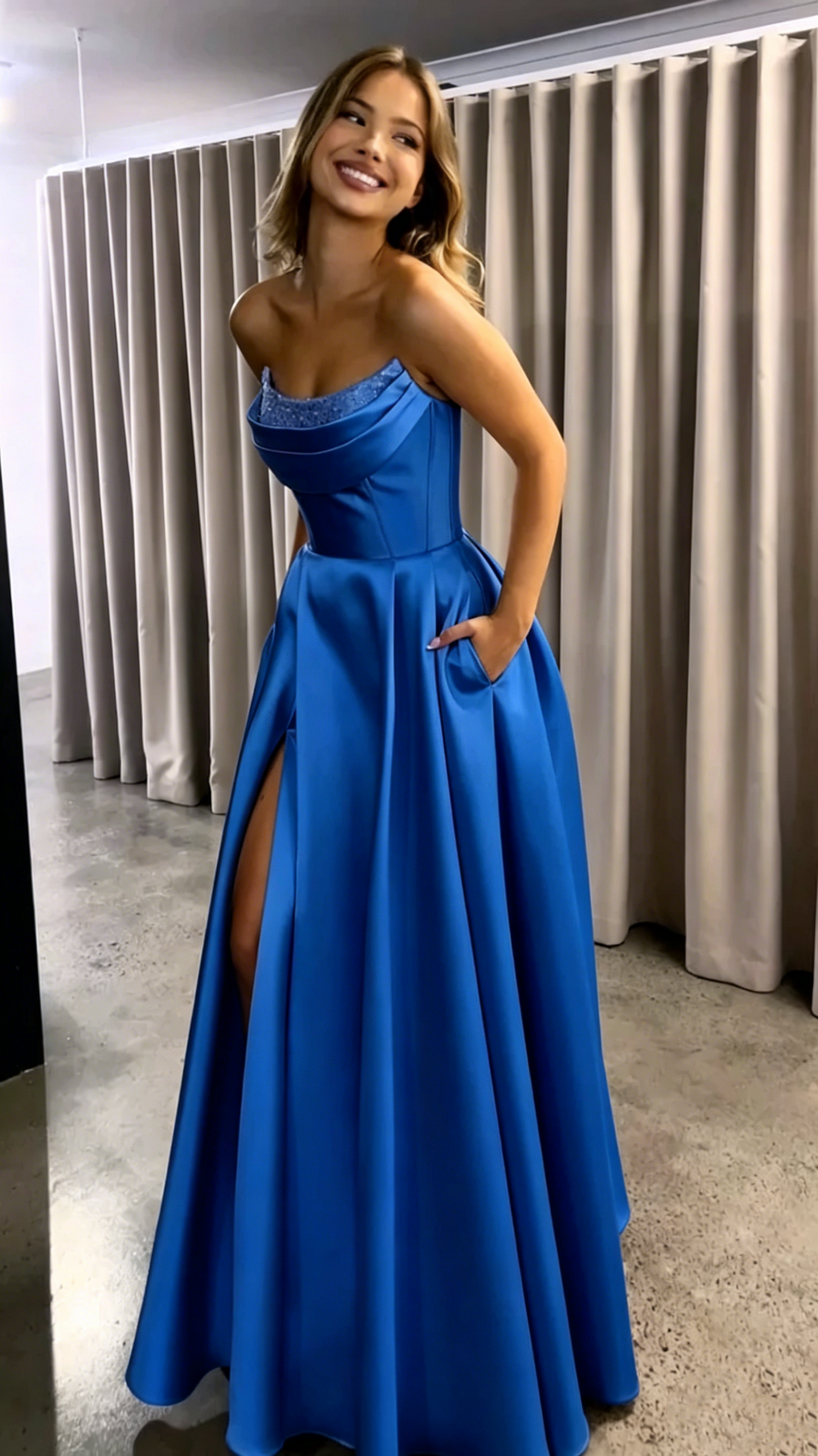 A Line Pink Satin Formal Dress Long Prom Dress With Slit  P346