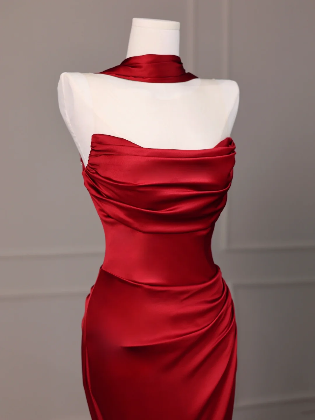 Red Mermaid Satin Prom Dress Elegant Formal Evening Dress  P347