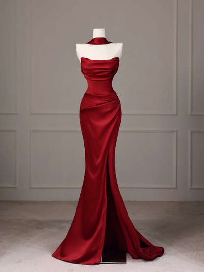 Red Mermaid Satin Prom Dress Elegant Formal Evening Dress  P347