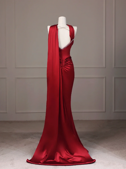 Red Mermaid Satin Prom Dress Elegant Formal Evening Dress  P347