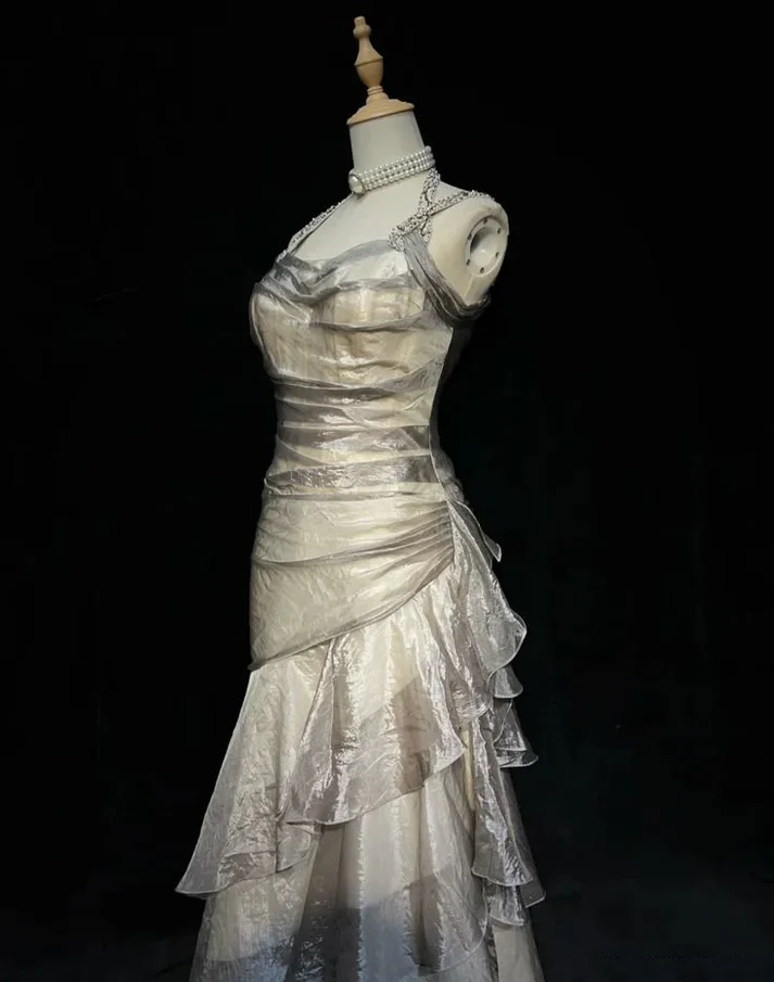 Green Organza Long Prom Dresses Ruffled Long Evening Gowns  P348