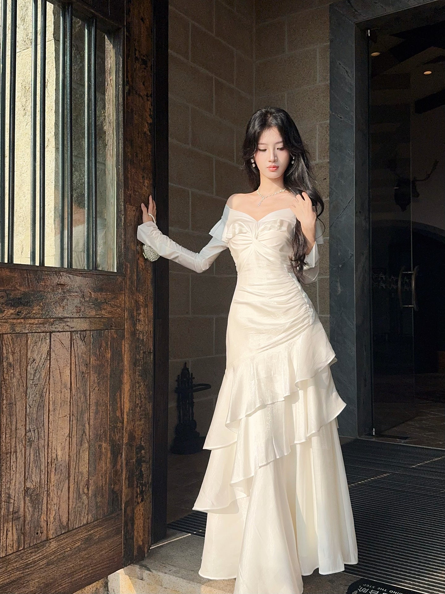 Off The Shoulder Long Sleeved Prom Dress Layered Formal Dress Party Dress P35