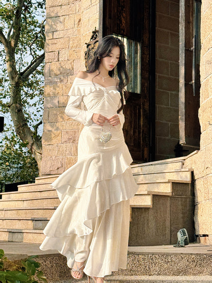 Off The Shoulder Long Sleeved Prom Dress Layered Formal Dress Party Dress P35
