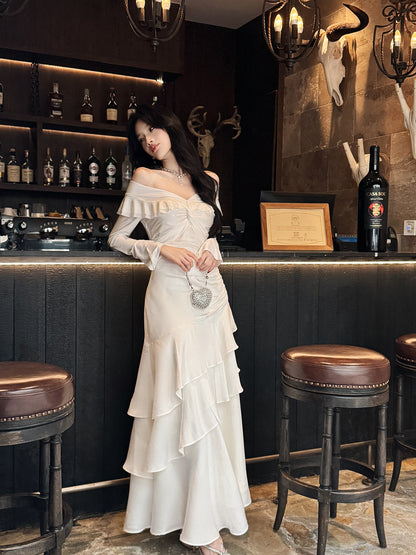 Off The Shoulder Long Sleeved Prom Dress Layered Formal Dress Party Dress P35