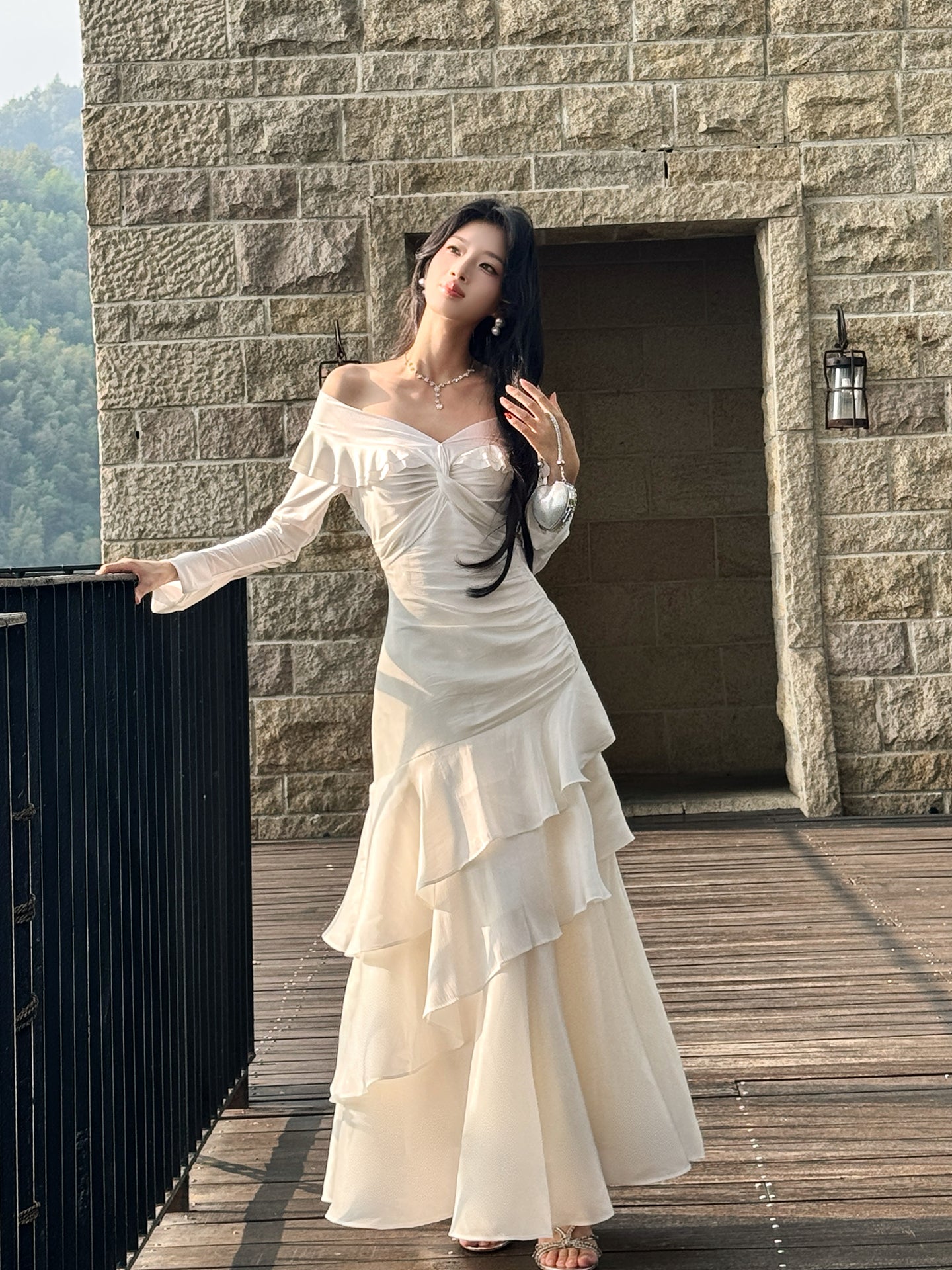 Off The Shoulder Long Sleeved Prom Dress Layered Formal Dress Party Dress P35