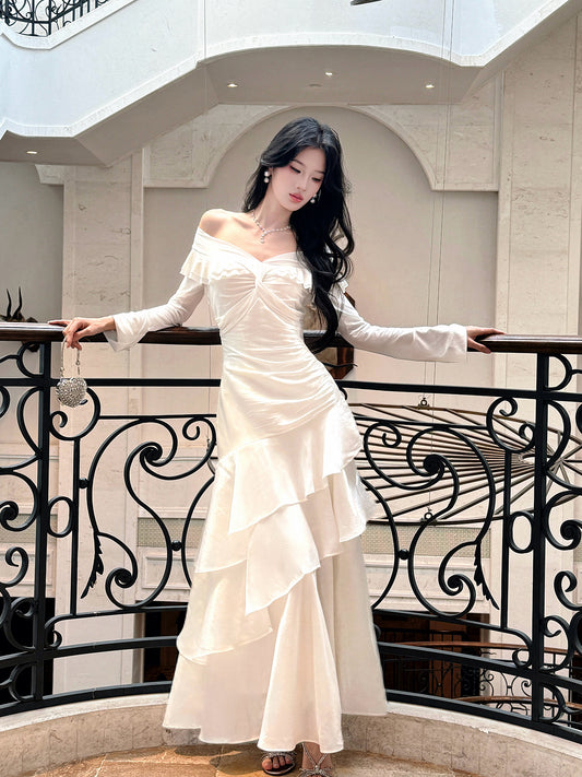Off The Shoulder Long Sleeved Prom Dress Layered Formal Dress Party Dress P35