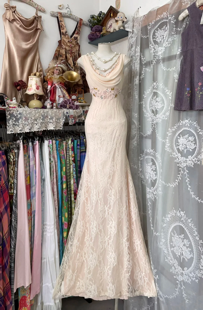 Mermaid Lace Long Prom Dress Vintage Beaded Evening Dress  P351
