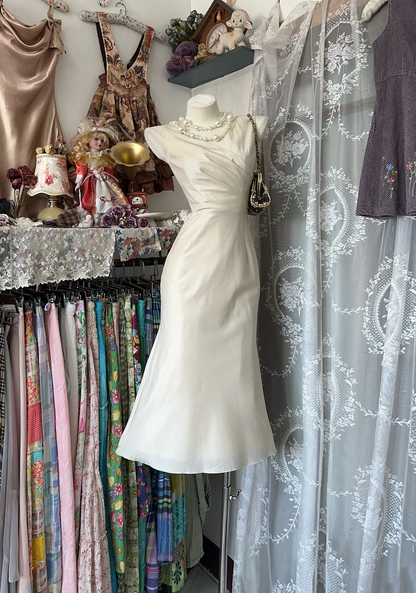 Ivory Sheath Midi Dress Satin Formal Party Dress  P353