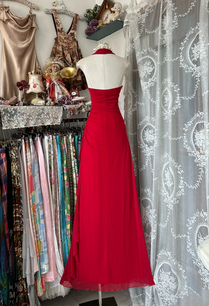 Halter V Neck Red Prom Dress Chiffon Formal Dress Evening Gowns P355