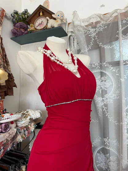 Halter V Neck Red Prom Dress Chiffon Formal Dress Evening Gowns P355