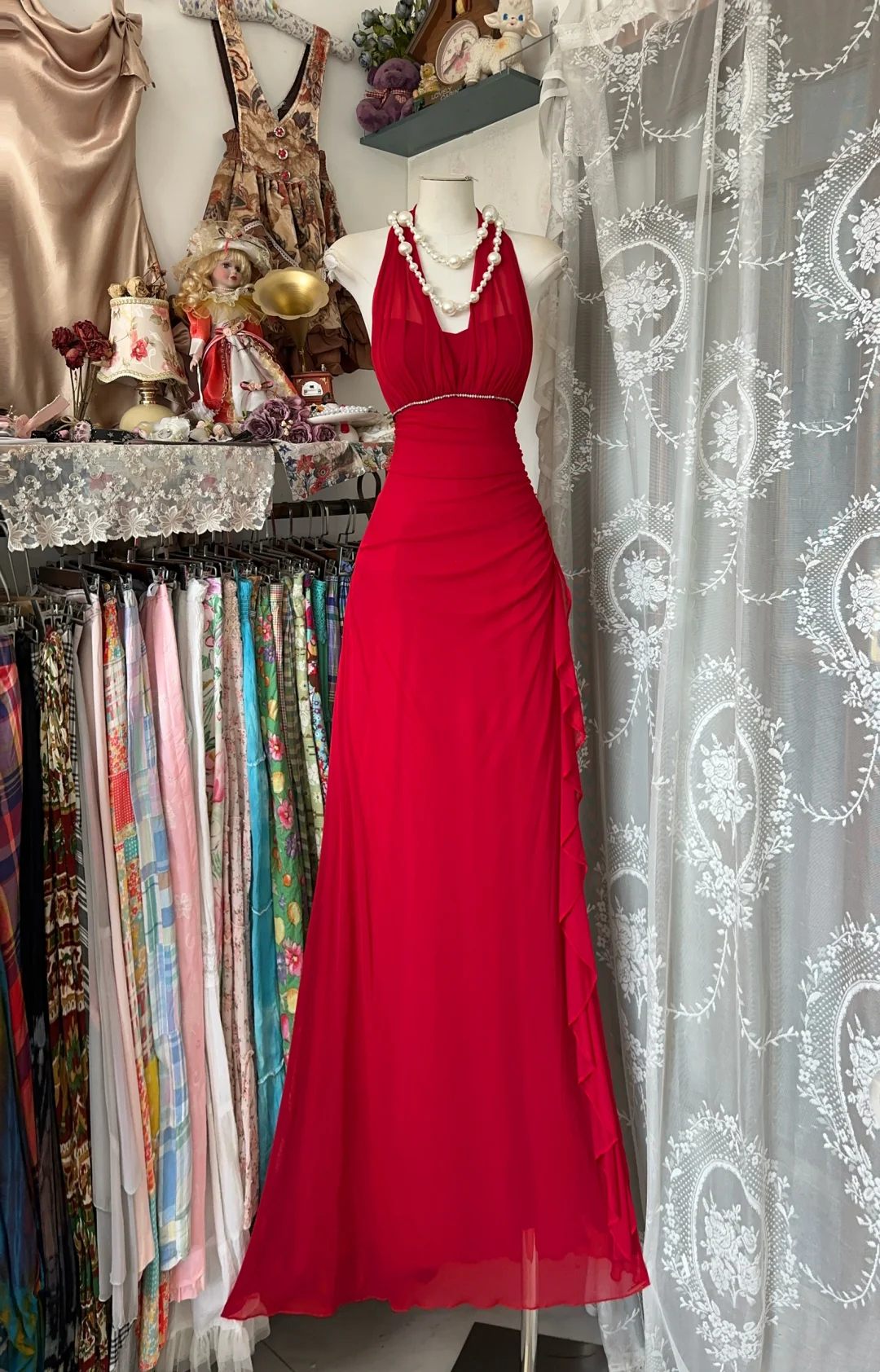 Halter V Neck Red Prom Dress Chiffon Formal Dress Evening Gowns P355