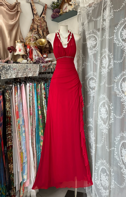 Halter V Neck Red Prom Dress Chiffon Formal Dress Evening Gowns P355