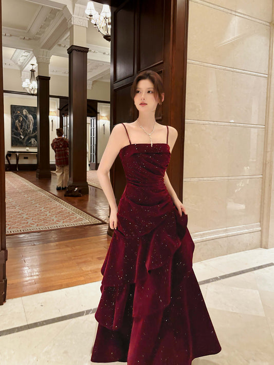Spaghetti Strap  Layered Burgundy Prom Dress Velvet  Layered Evening Dress P36