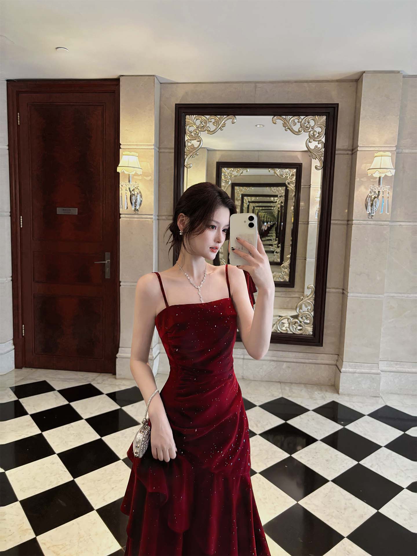 Spaghetti Strap  Layered Burgundy Prom Dress Velvet  Layered Evening Dress P36