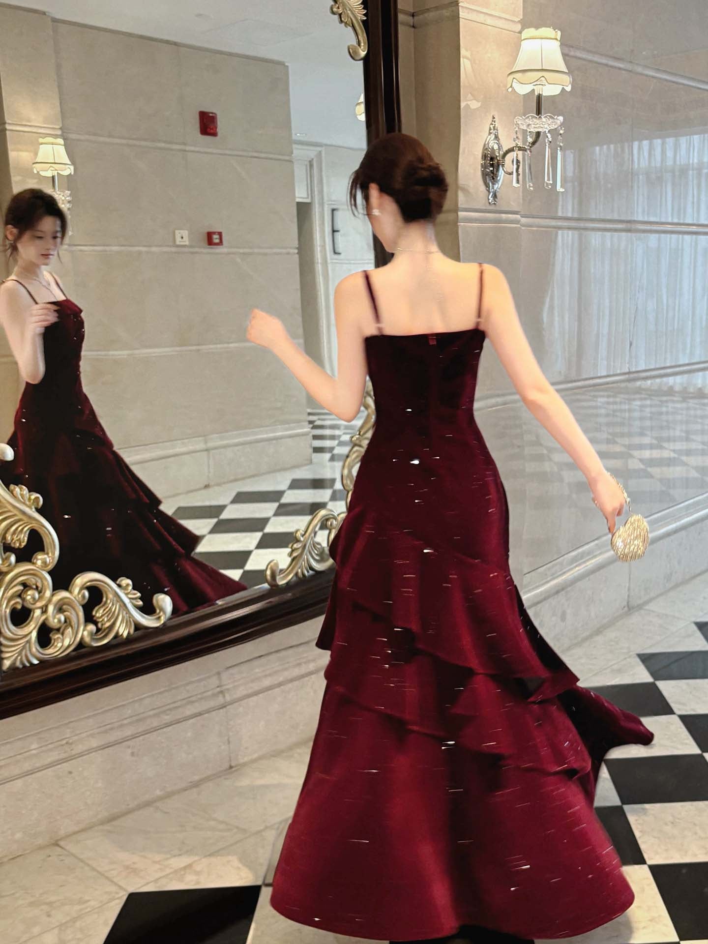 Spaghetti Strap  Layered Burgundy Prom Dress Velvet  Layered Evening Dress P36