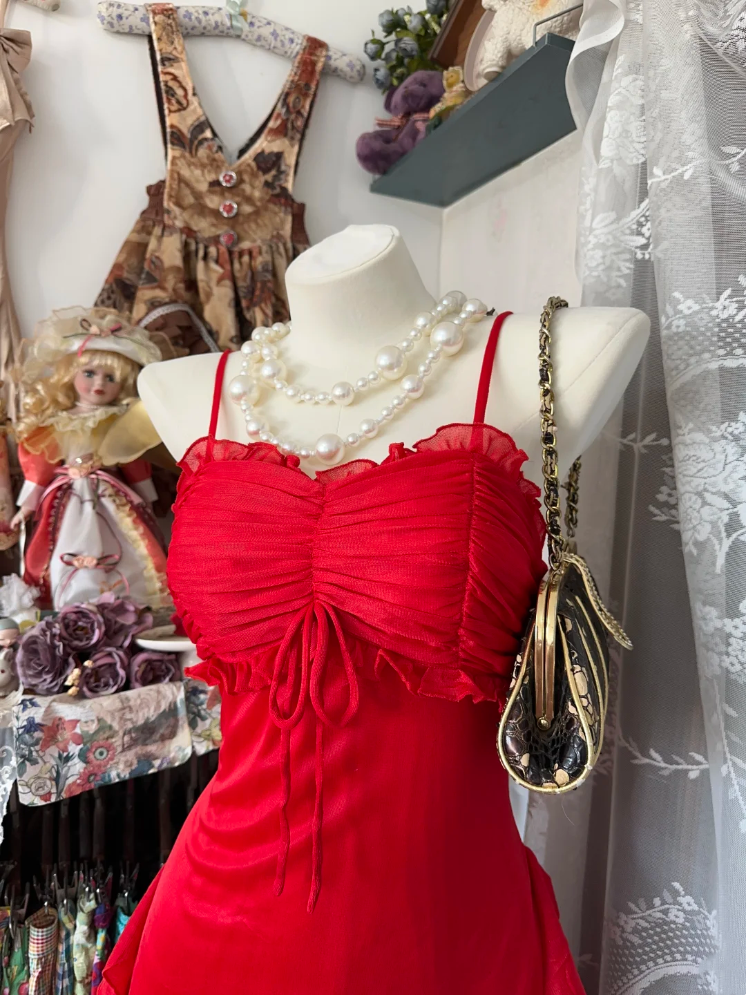 Spaghetti Strap Red Mermaid Prom Dress Ruffled Evening Dress P360