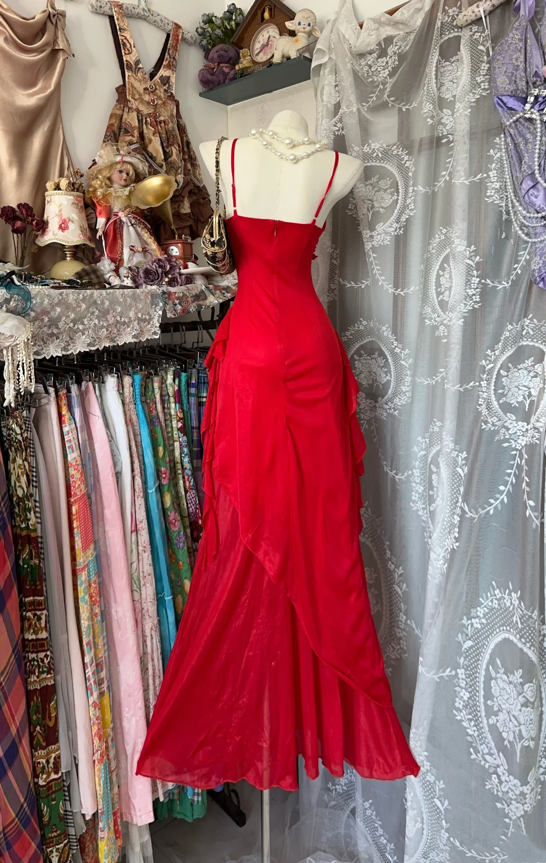 Spaghetti Strap Red Mermaid Prom Dress Ruffled Evening Dress P360