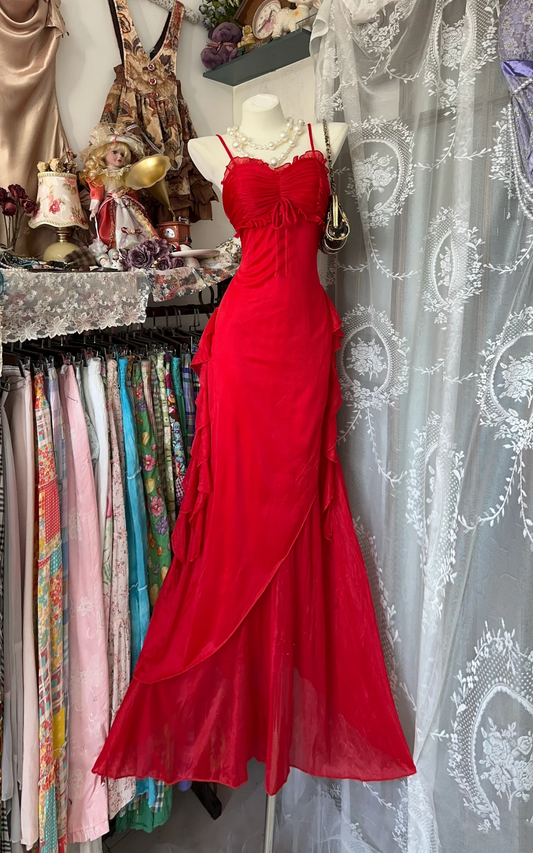 Spaghetti Strap Red Mermaid Prom Dress Ruffled Evening Dress P360