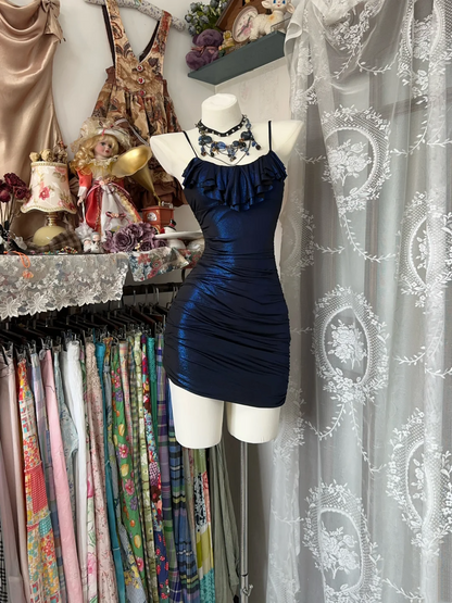 Spaghetti Strap Navy Blue Short Dress Ruffled Birthday Dress P361