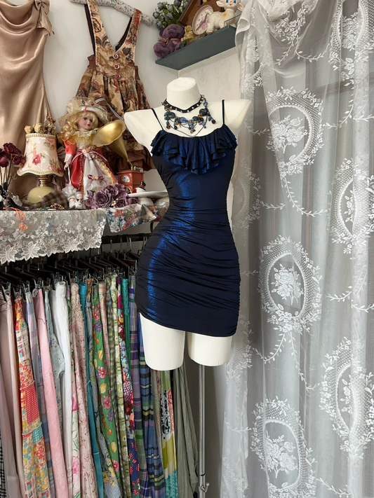 Spaghetti Strap Navy Blue Short Dress Ruffled Birthday Dress P361