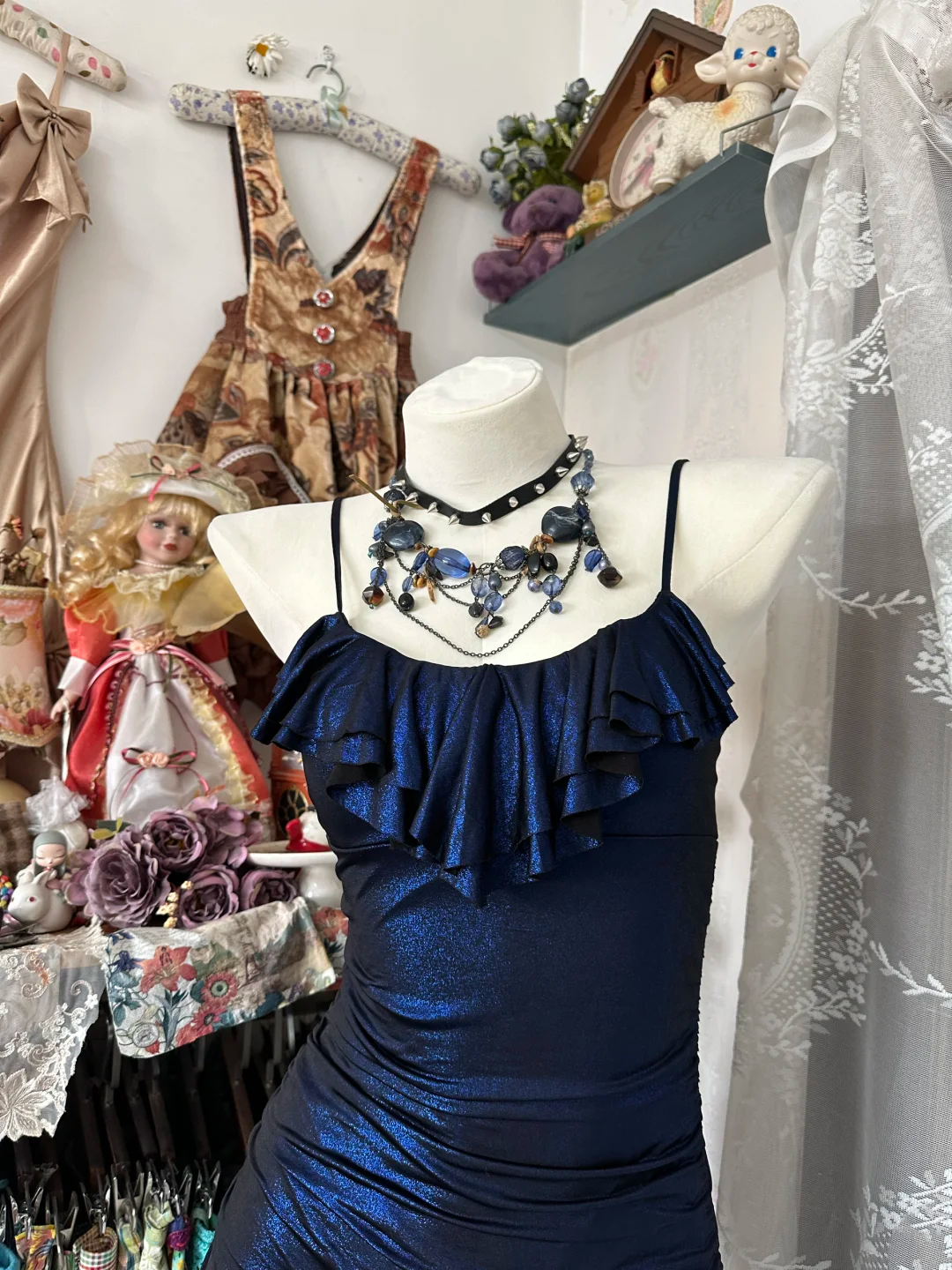 Spaghetti Strap Navy Blue Short Dress Ruffled Birthday Dress P361